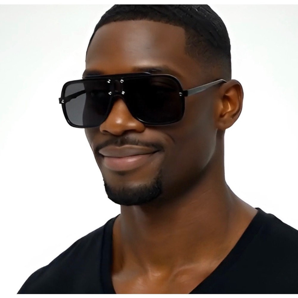 Mens Black Shield Sunglasses Flat Top Rimless Double Bridge Shades Hip Hop Shape